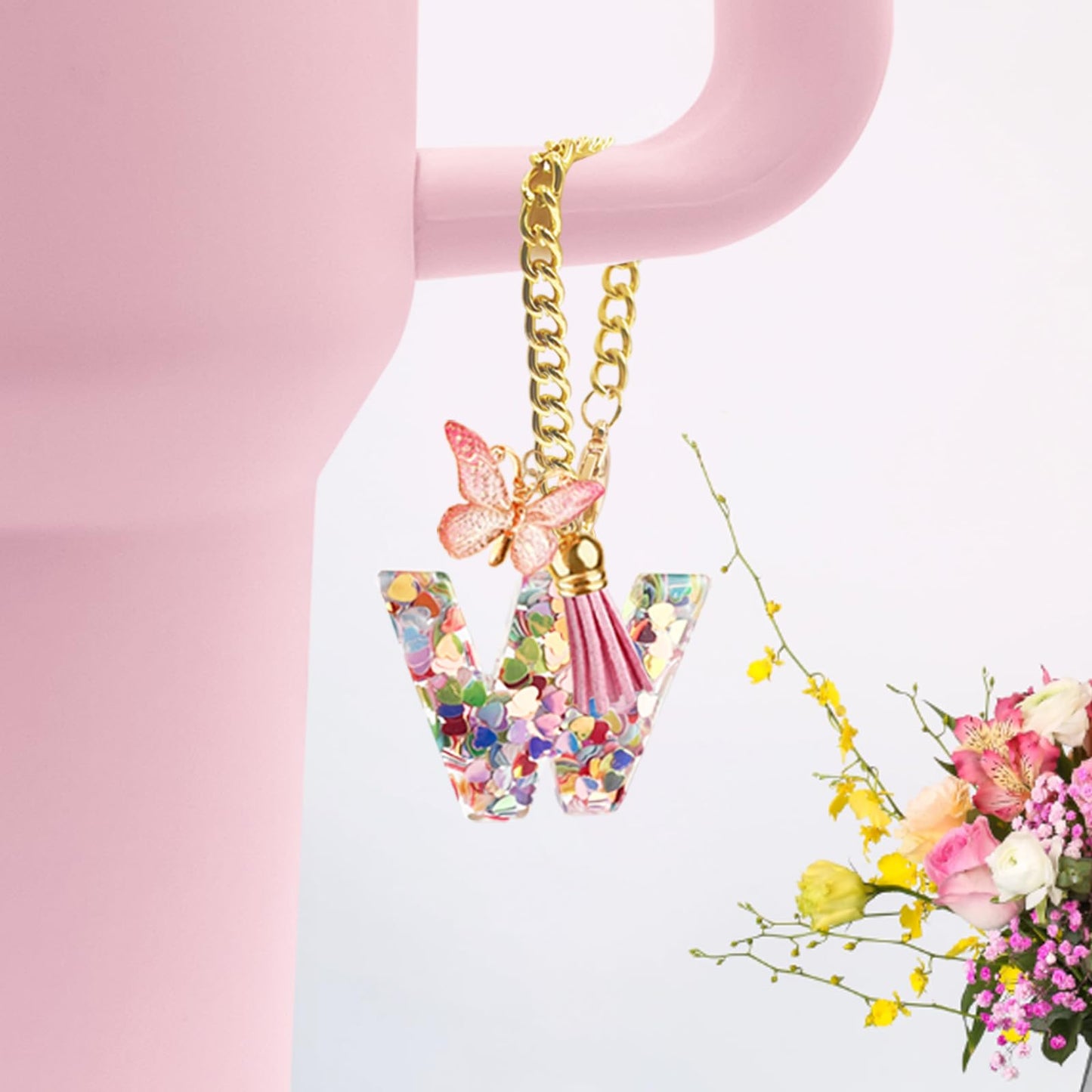 Letter Charm Accessories for Stanley Cup with Handle, Cute Initial Letter A Keychain Handle Charm with Butterfly for Stanley Tumbler for Women Girls