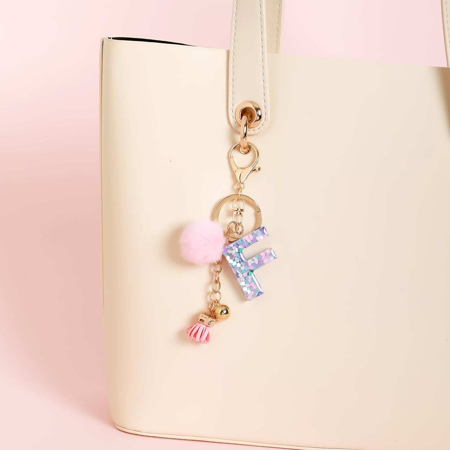 Resin Alphabet Initial Letter Keychain Keyring for Women Purse Handbags With Fur Ball Pom