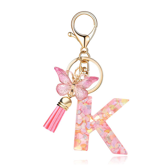 Fashion Alphabet Initial Letter Keychain Tassel Butterfly Pendant Key Ring for Purse Handbags Women Girl