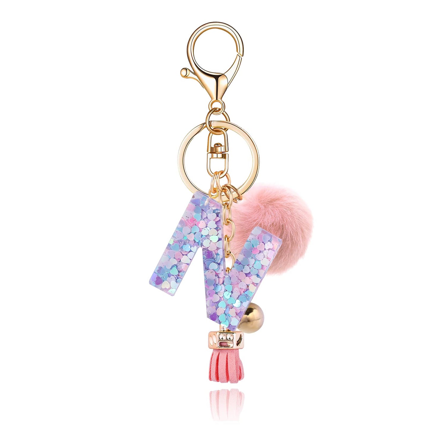 Resin Alphabet Initial Letter Keychain Keyring for Women Purse Handbags With Fur Ball Pom