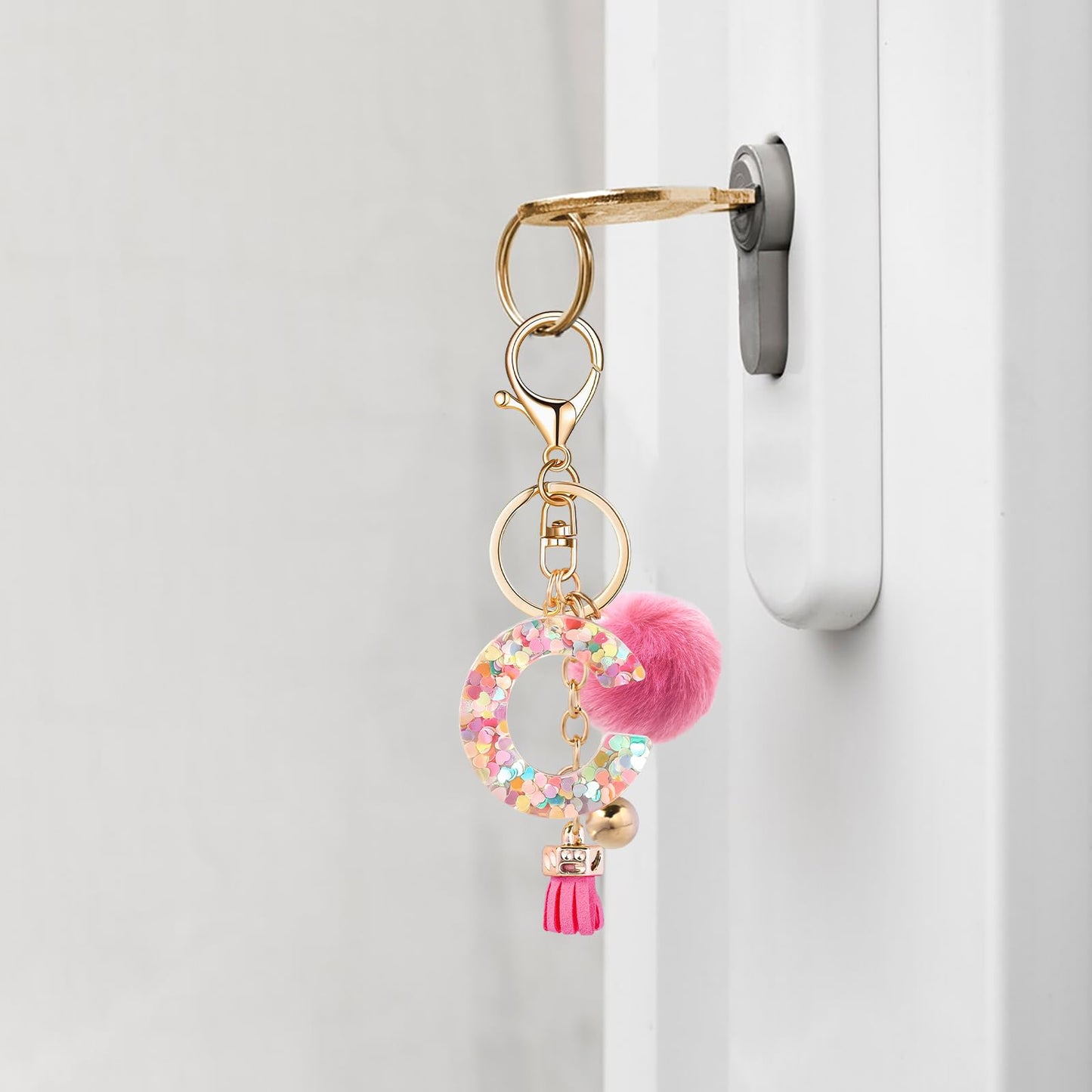 Resin Alphabet Initial Letter Keychain Keyring for Women Purse Handbags With Fur Ball Pom