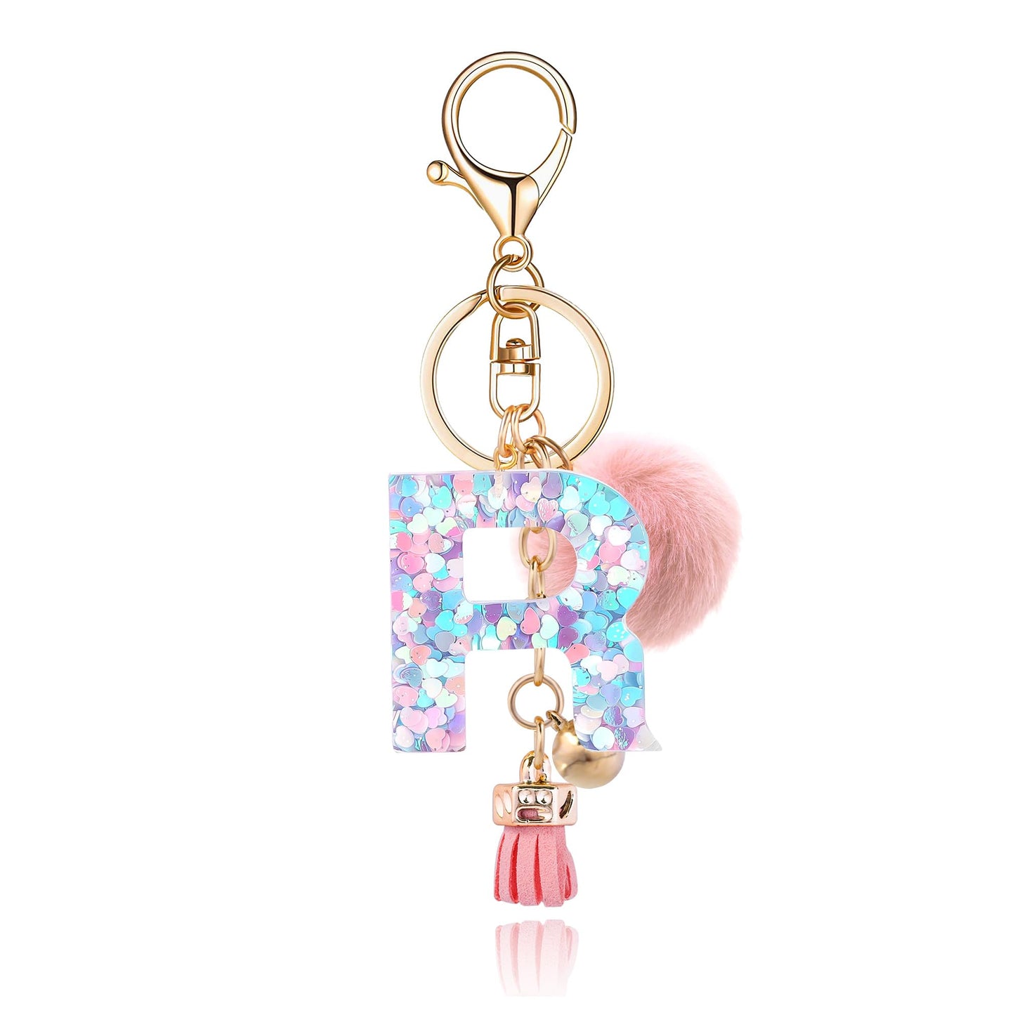 Resin Alphabet Initial Letter Keychain Keyring for Women Purse Handbags With Fur Ball Pom