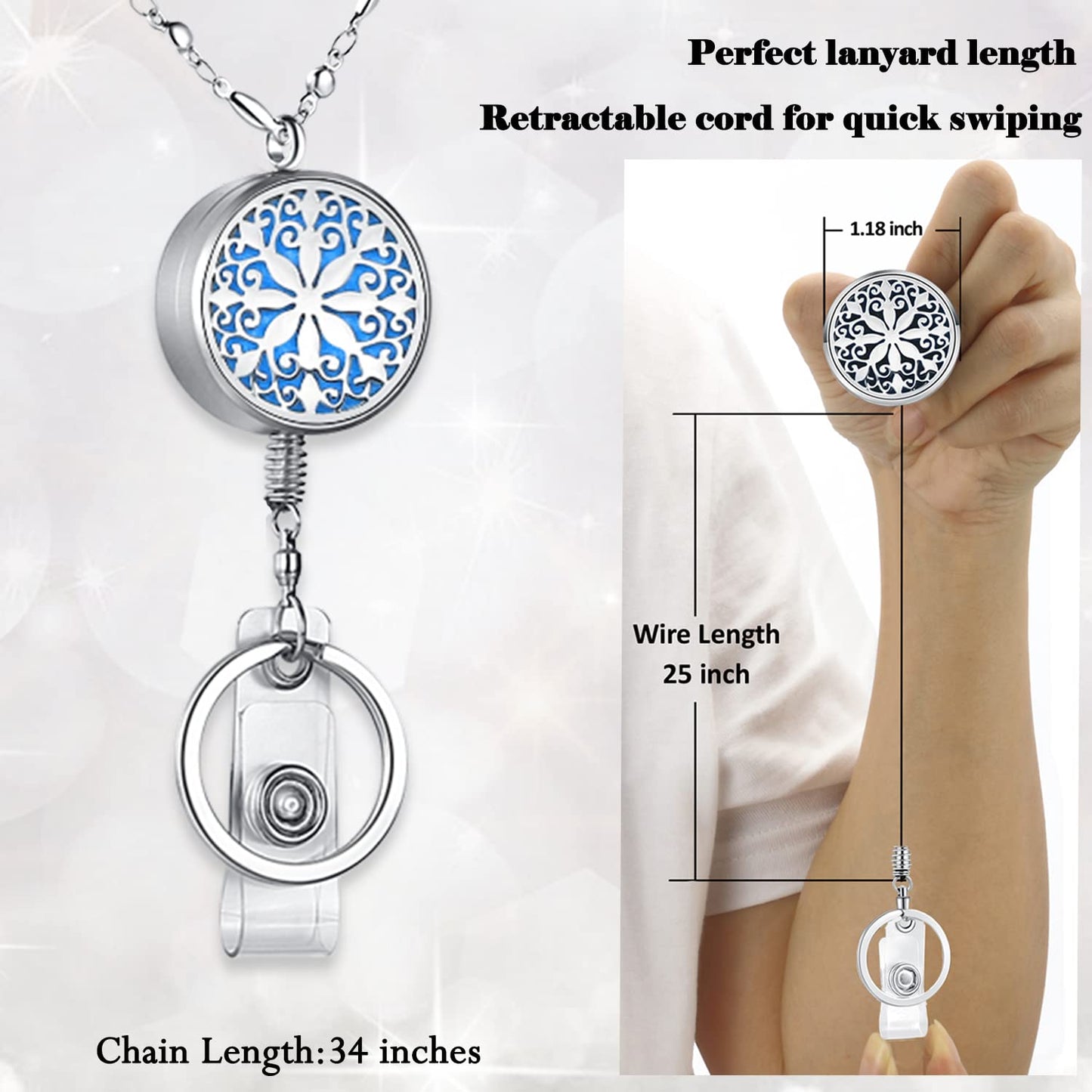 Lanyards for ID Badges Keys Women Cute Teacher Lanyard ID Holder Necklace Silver Chain Fashion Strong Keychain Diffuser Office School Work Jewelry Nurse Teacher Appreciation Gifts Mandala