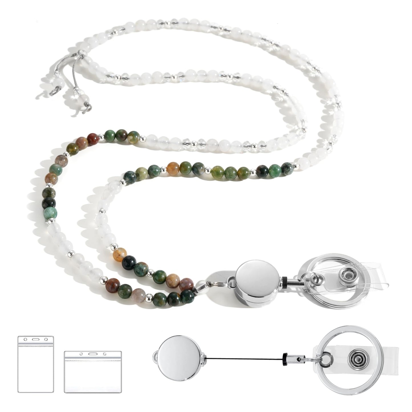 Retractable Lanyards for ID Badges and Keys, Beaded Lanyards for Women Natural Stone, Teacher Lanyard High-Performance Cute Lanyard Morganite