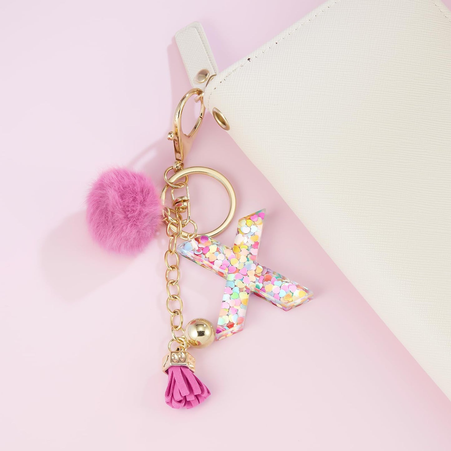 Resin Alphabet Initial Letter Keychain Keyring for Women Purse Handbags With Fur Ball Pom