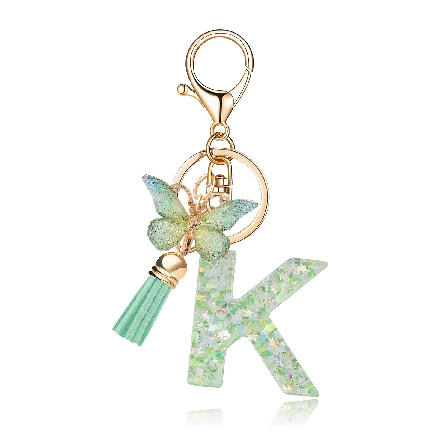 Fashion Alphabet Initial Letter Keychain Tassel Butterfly Pendant Key Ring for Purse Handbags Women Girl
