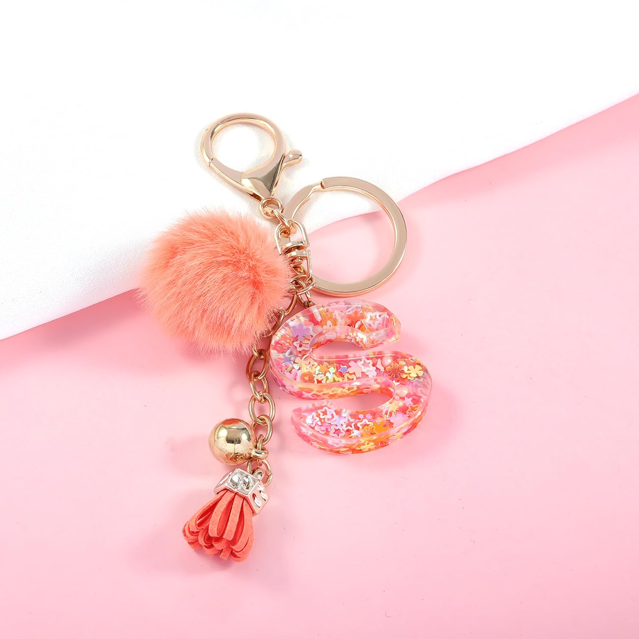 Resin Alphabet Initial Letter Keychain Keyring for Women Purse Handbags With Fur Ball Pom