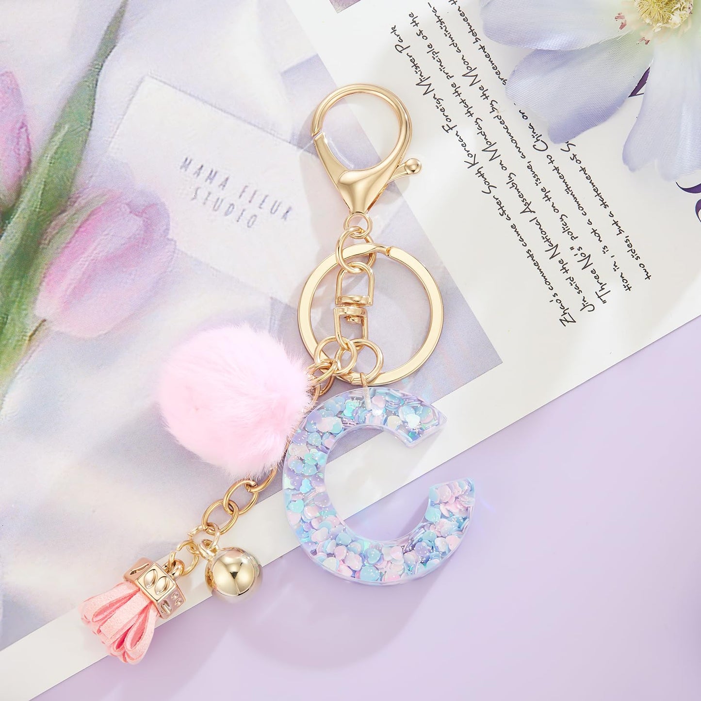 Resin Alphabet Initial Letter Keychain Keyring for Women Purse Handbags With Fur Ball Pom