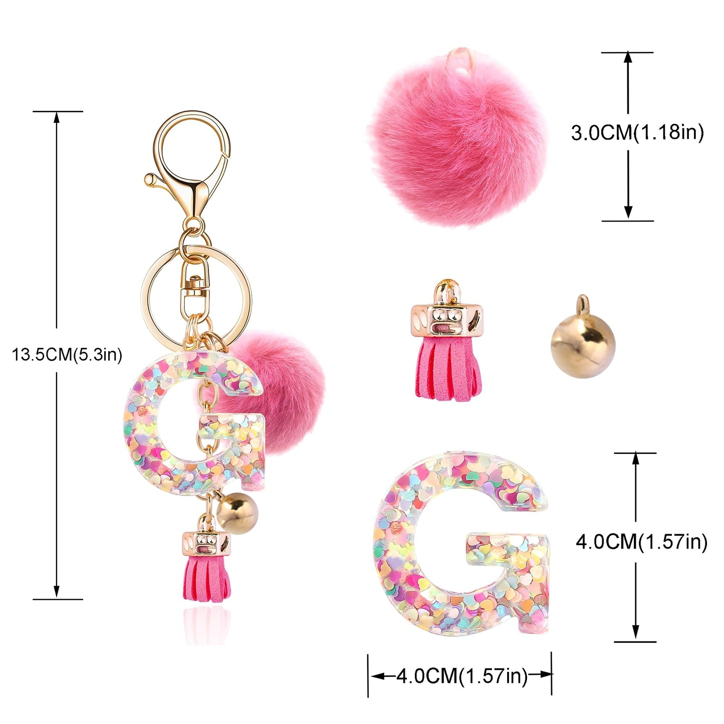 Resin Alphabet Initial Letter Keychain Keyring for Women Purse Handbags With Fur Ball Pom