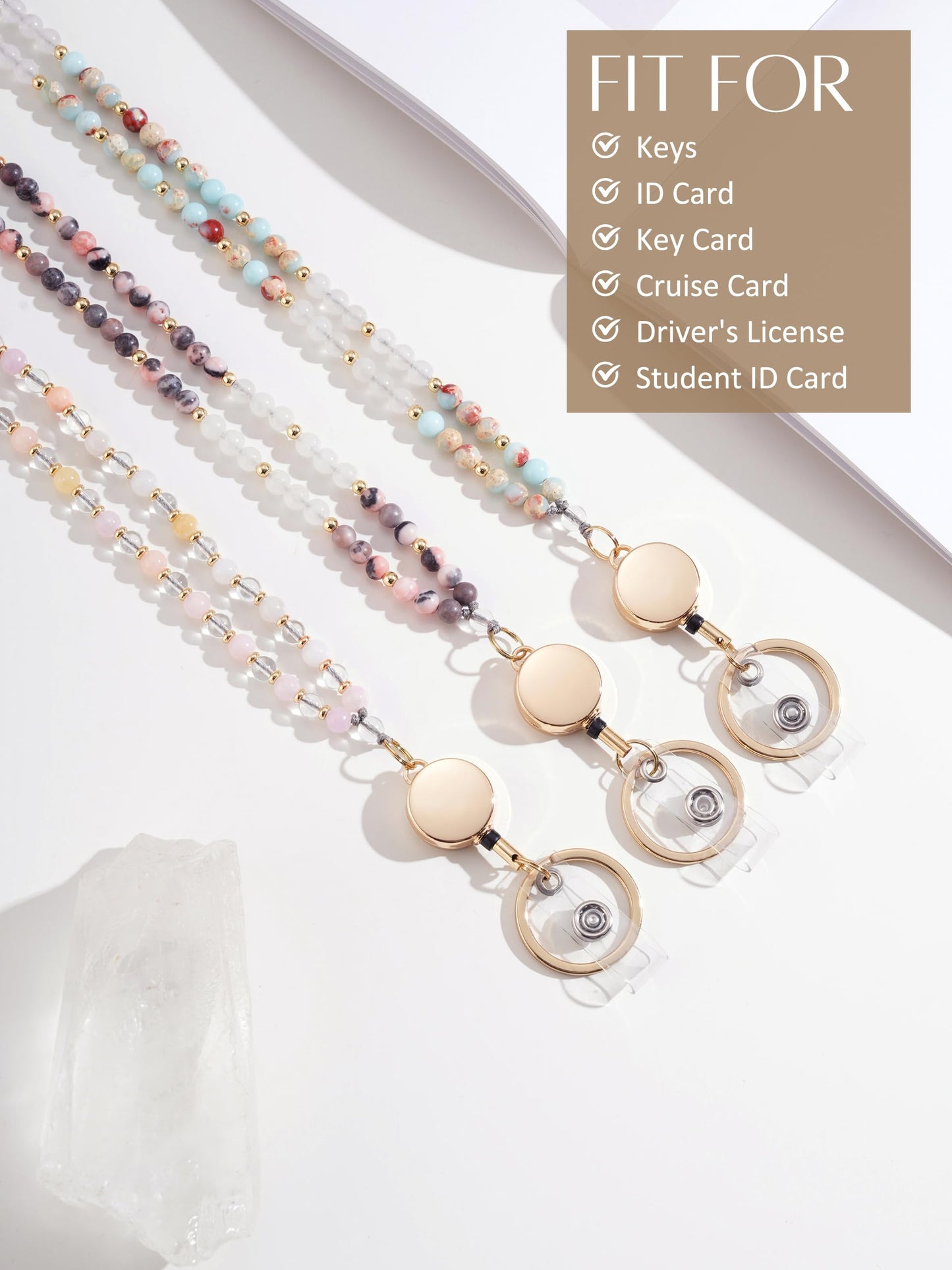 Retractable Lanyards for ID Badges and Keys, Beaded Lanyards for Women Natural Stone, Teacher Lanyard High-Performance Cute Lanyard Morganite