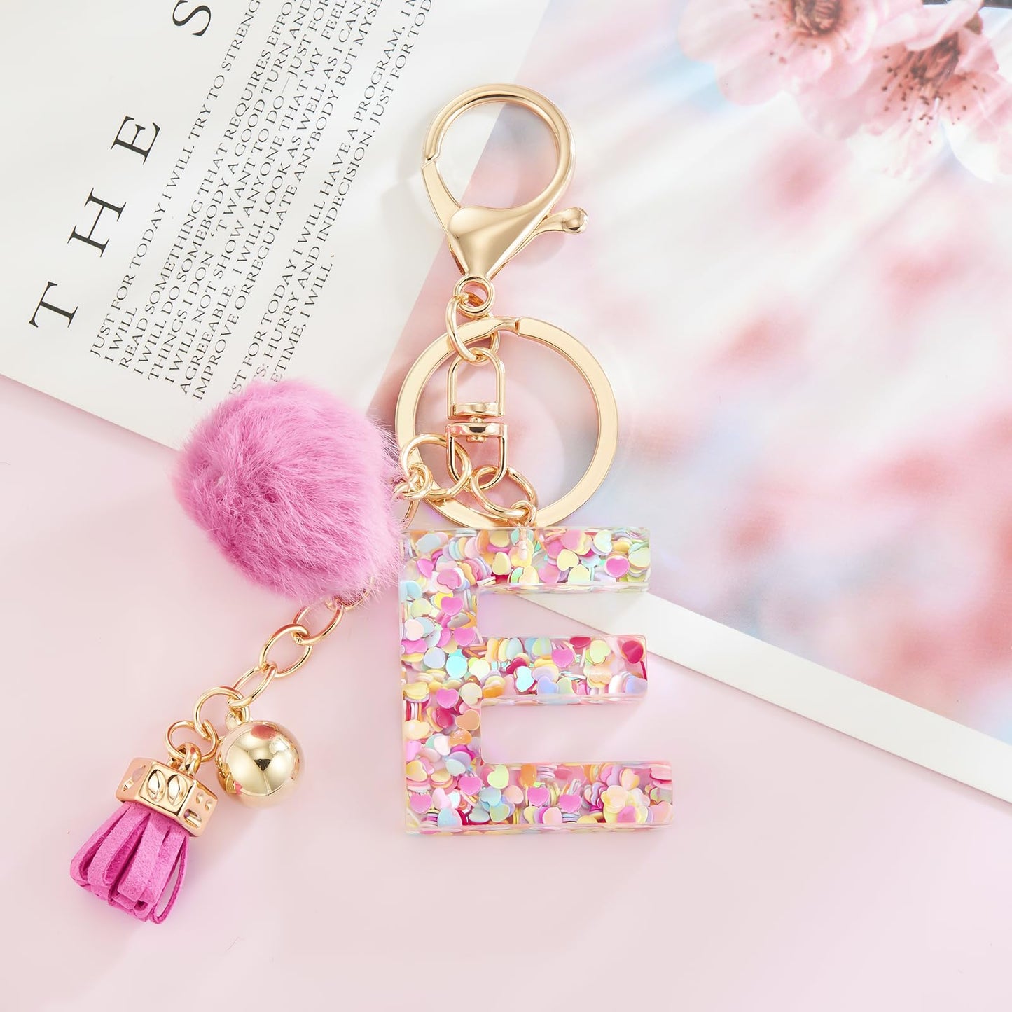 Resin Alphabet Initial Letter Keychain Keyring for Women Purse Handbags With Fur Ball Pom
