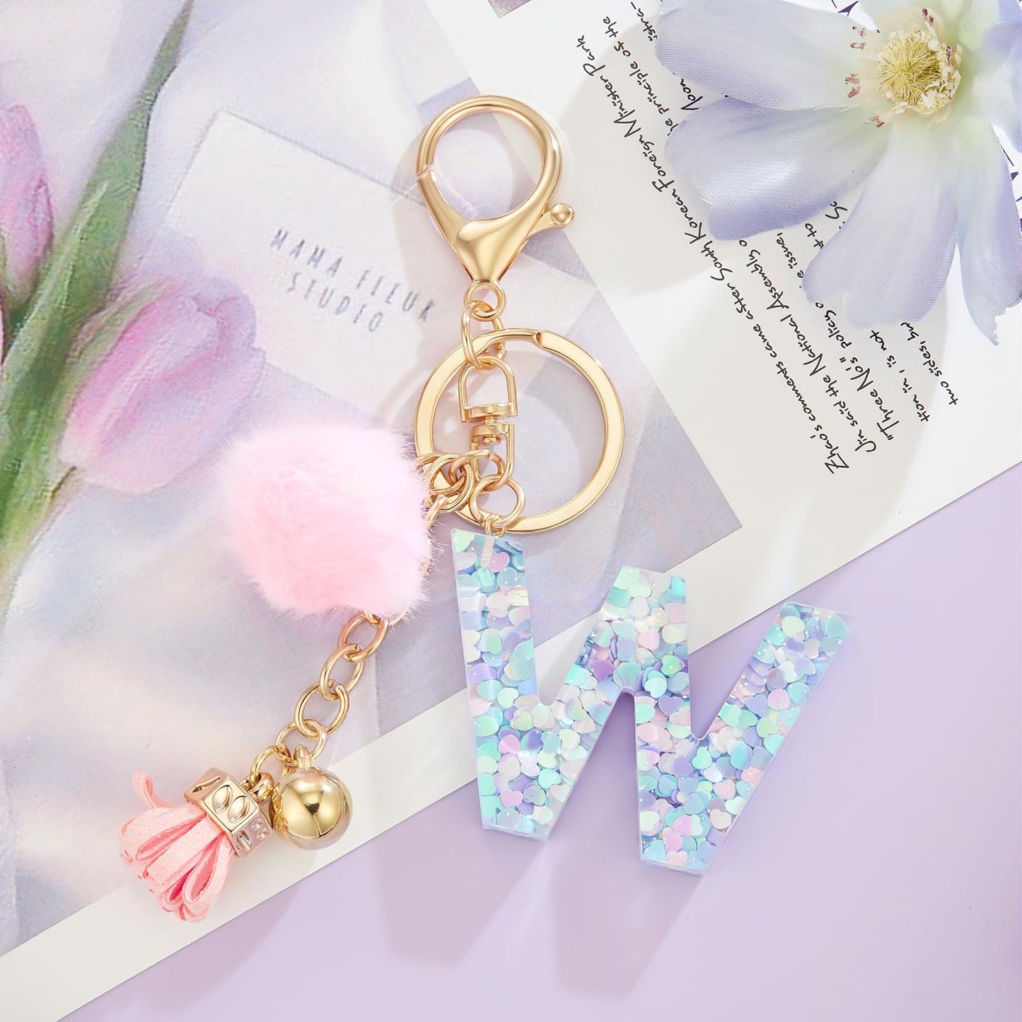 Resin Alphabet Initial Letter Keychain Keyring for Women Purse Handbags With Fur Ball Pom