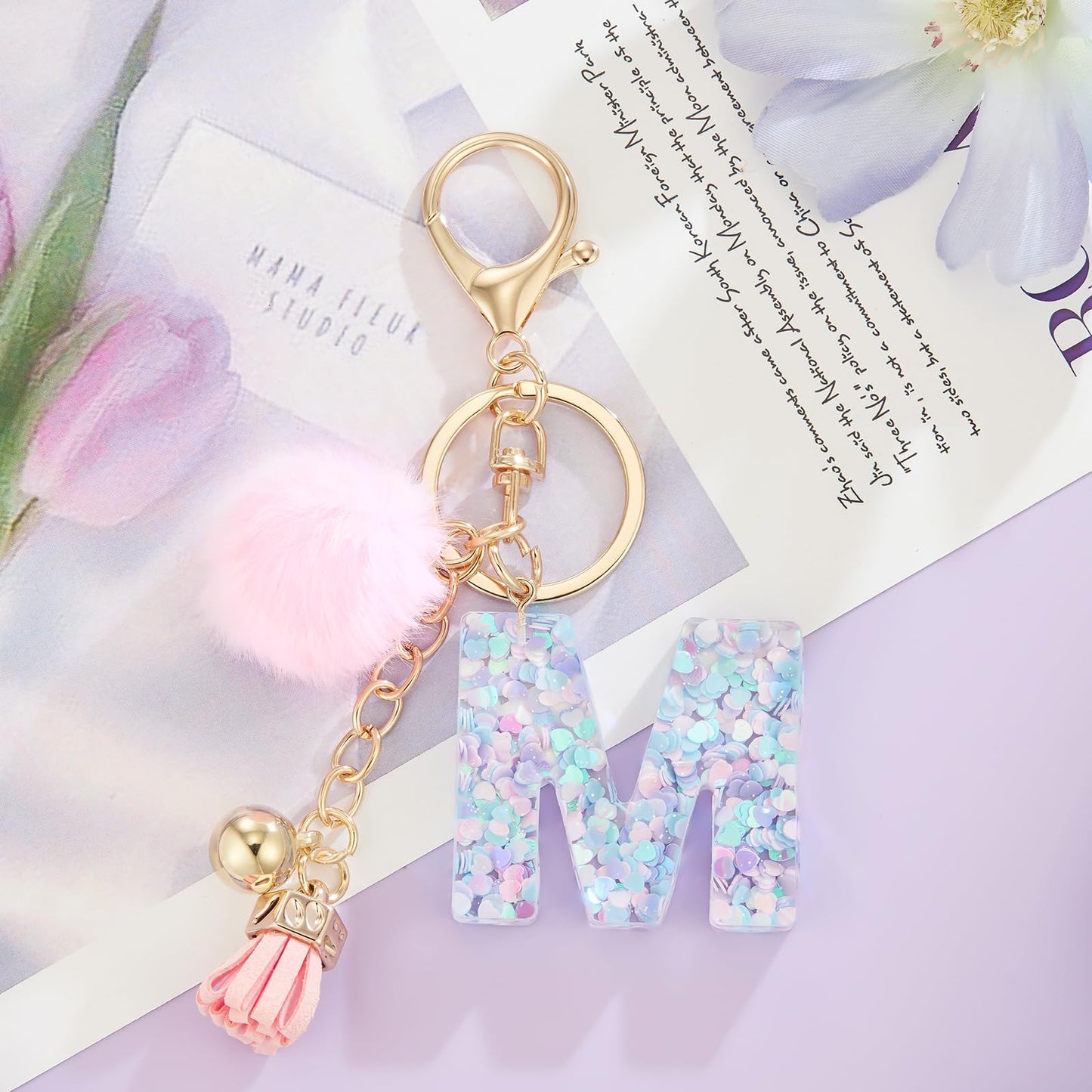 Resin Alphabet Initial Letter Keychain Keyring for Women Purse Handbags With Fur Ball Pom