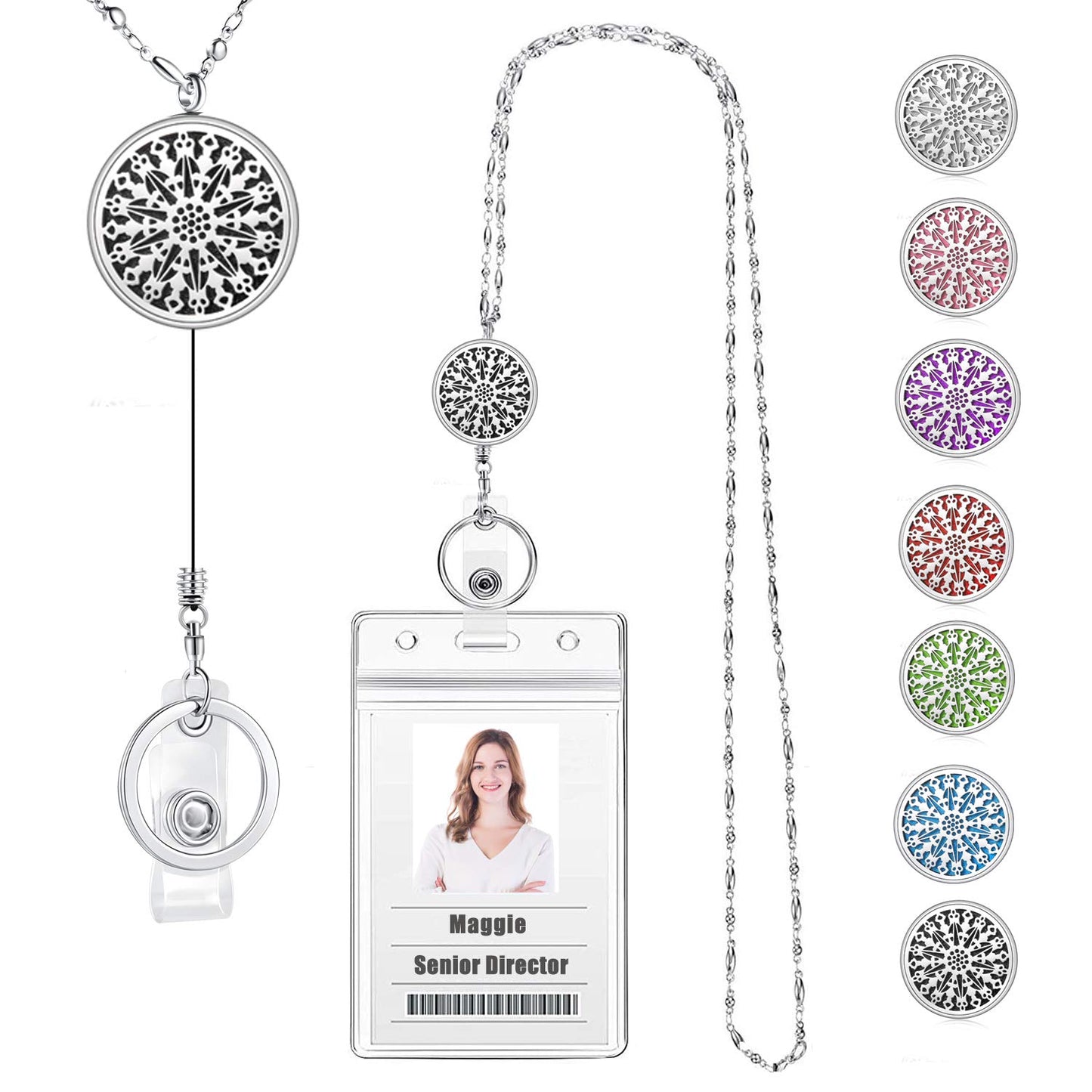 Lanyards for ID Badges Keys Women Cute Teacher Lanyard ID Holder Necklace Silver Chain Fashion Strong Keychain Diffuser Office School Work Jewelry Nurse Teacher Appreciation Gifts Mandala