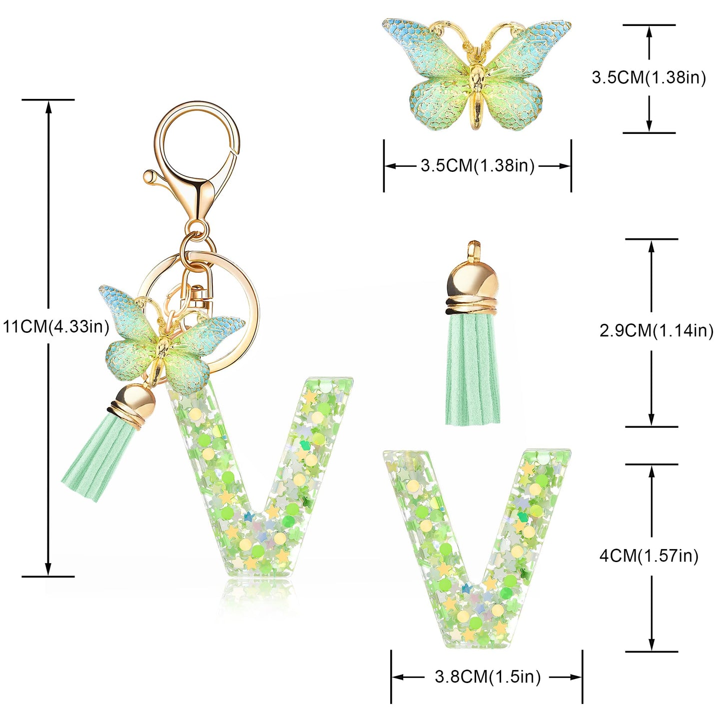 Fashion Alphabet Initial Letter Keychain Tassel Butterfly Pendant Key Ring for Purse Handbags Women Girl