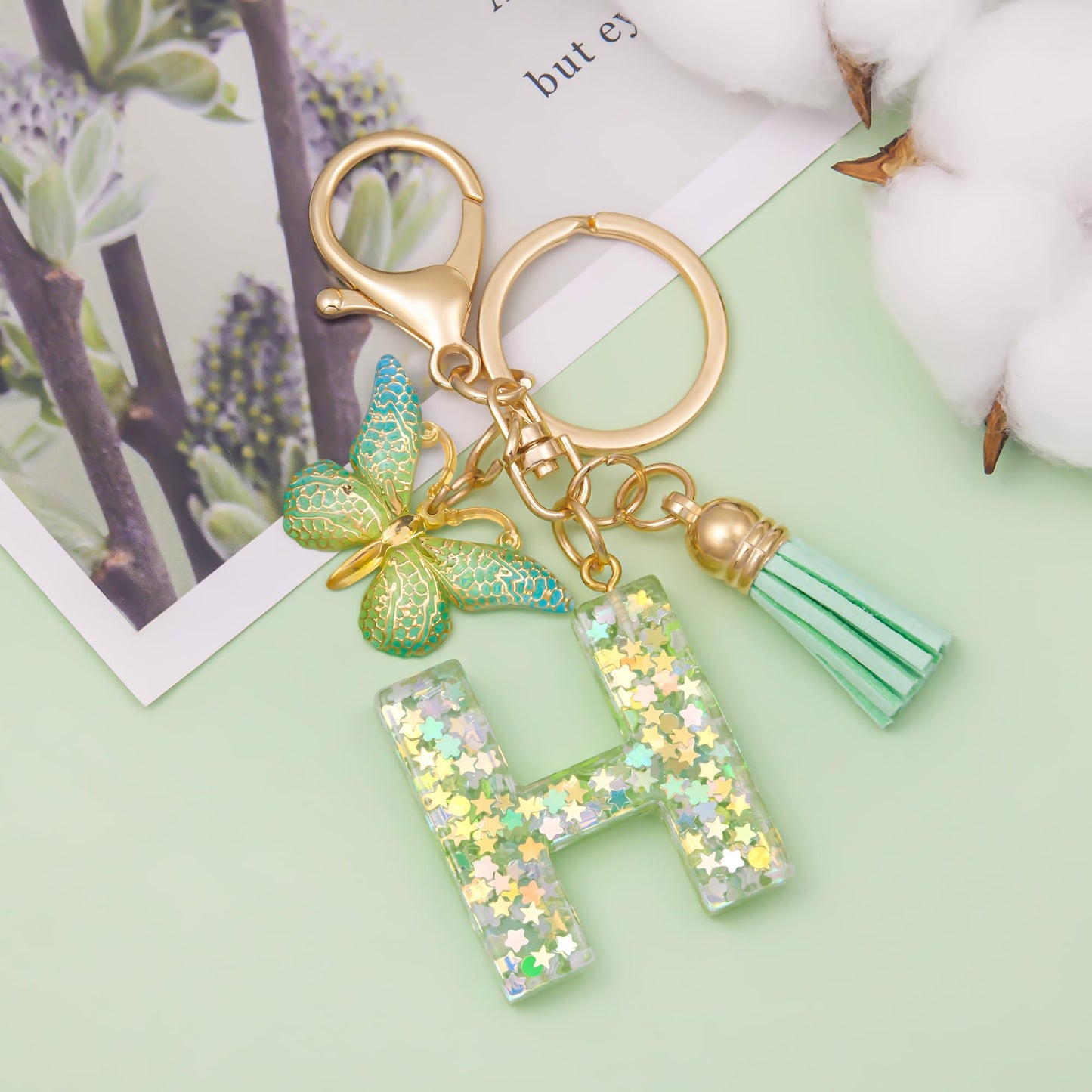 Fashion Alphabet Initial Letter Keychain Tassel Butterfly Pendant Key Ring for Purse Handbags Women Girl