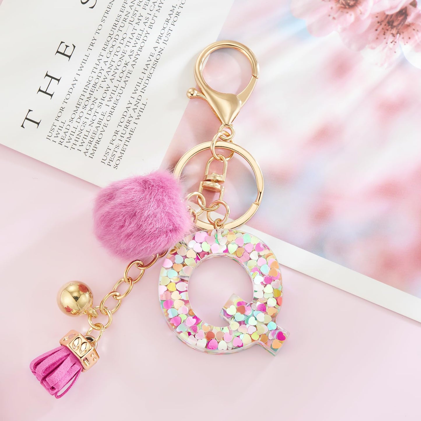 Resin Alphabet Initial Letter Keychain Keyring for Women Purse Handbags With Fur Ball Pom