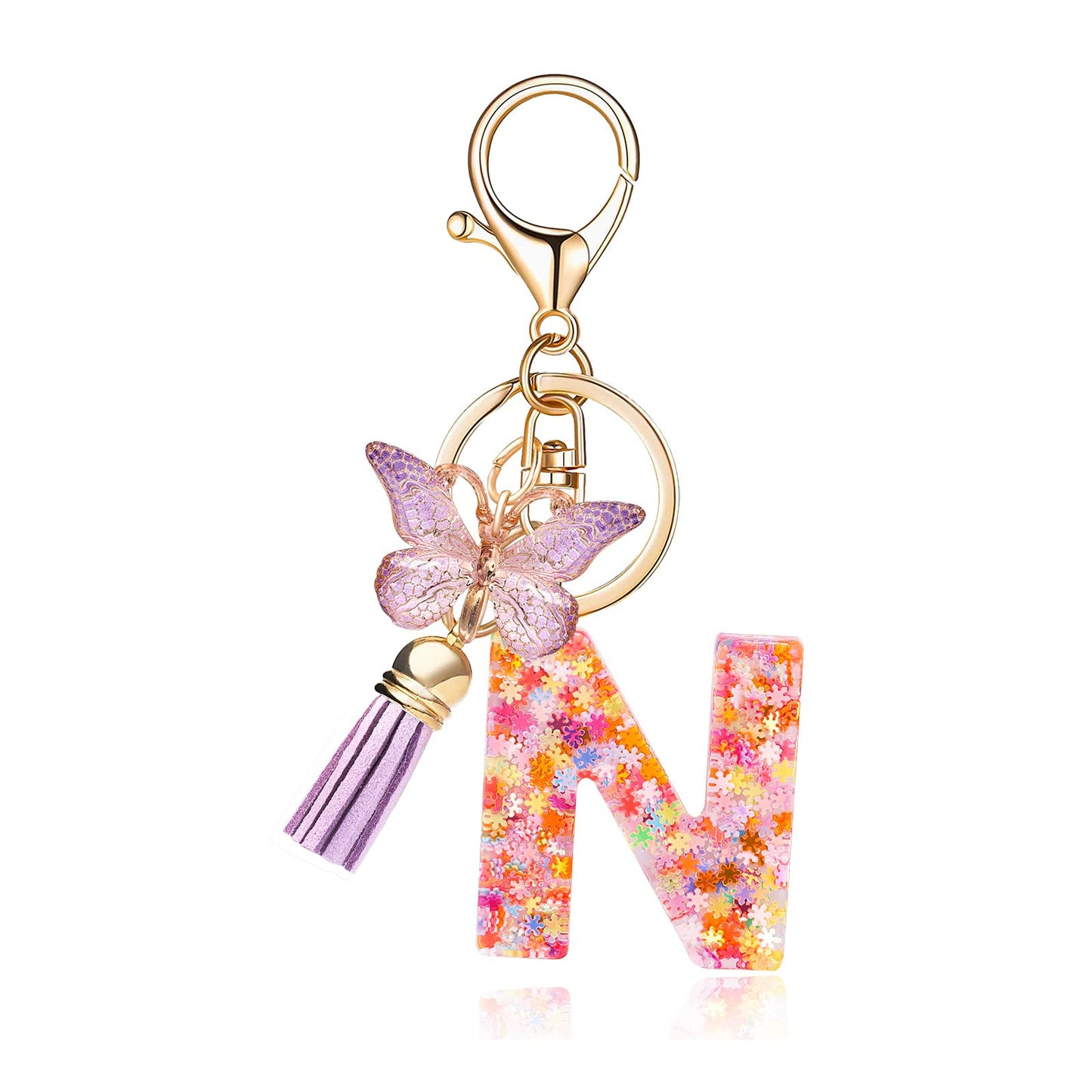 Fashion Alphabet Initial Letter Keychain Tassel Butterfly Pendant Key Ring for Purse Handbags Women Girl