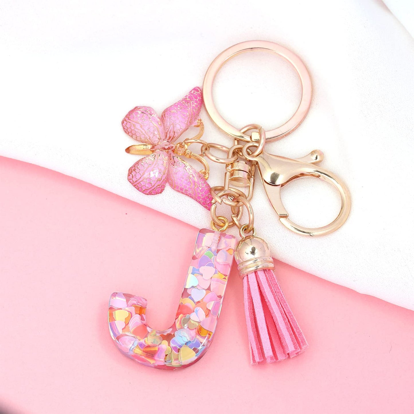 Fashion Alphabet Initial Letter Keychain Tassel Butterfly Pendant Key Ring for Purse Handbags Women Girl