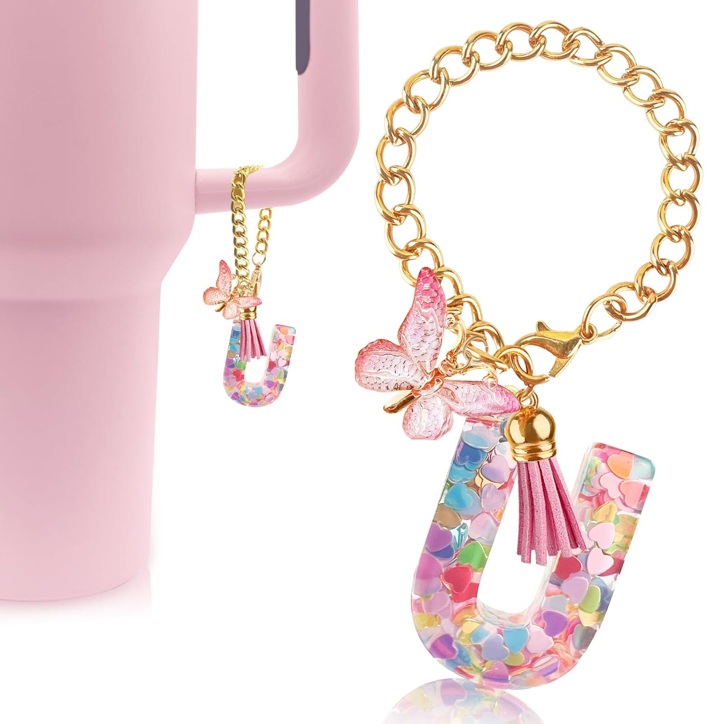 Letter Charm Accessories for Stanley Cup with Handle, Cute Initial Letter A Keychain Handle Charm with Butterfly for Stanley Tumbler for Women Girls