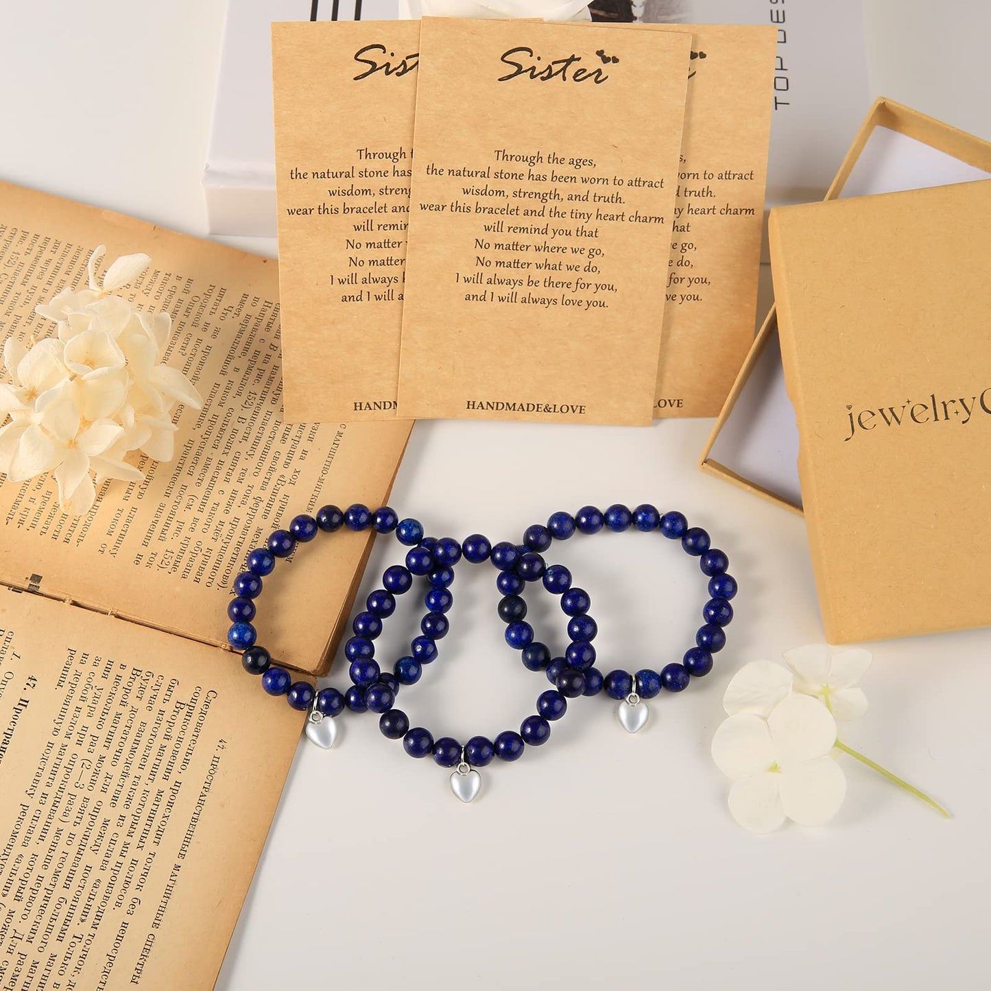 Jewelry&Card Christmas Gifts for Sister Best Friend, Natural Stone Heart Friendship Bracelets for Sister Best Friend Bestie Women