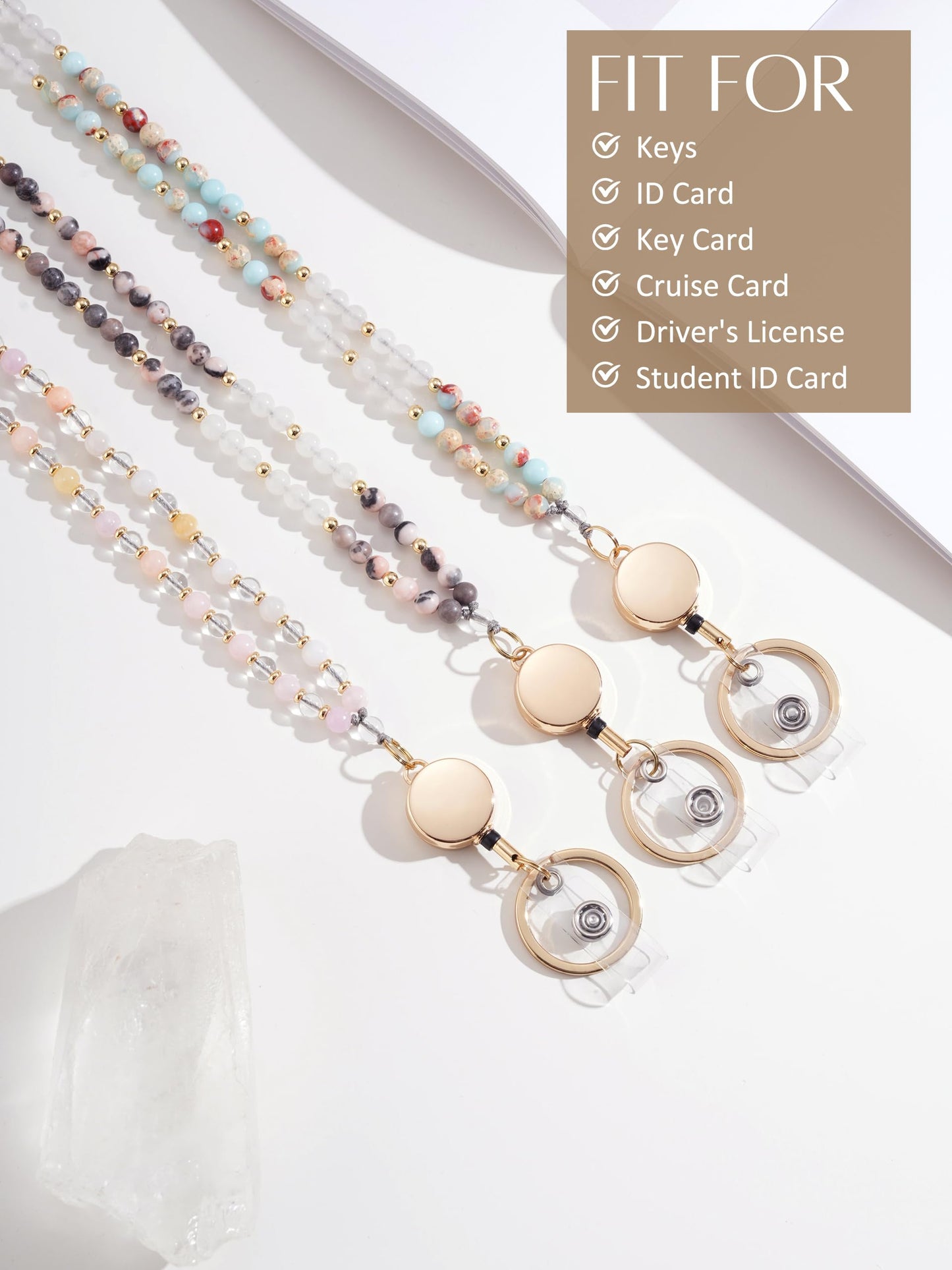 Retractable Lanyards for ID Badges and Keys, Beaded Lanyards for Women Natural Stone, Teacher Lanyard High-Performance Cute Lanyard Morganite