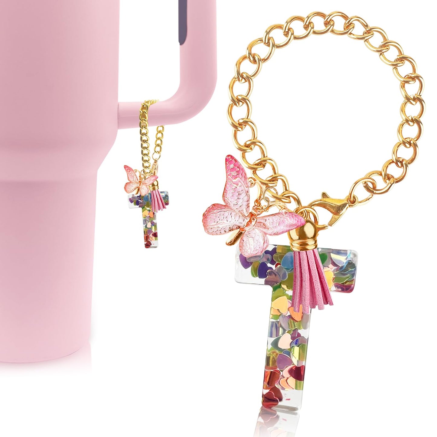 Letter Charm Accessories for Stanley Cup with Handle, Cute Initial Letter A Keychain Handle Charm with Butterfly for Stanley Tumbler for Women Girls