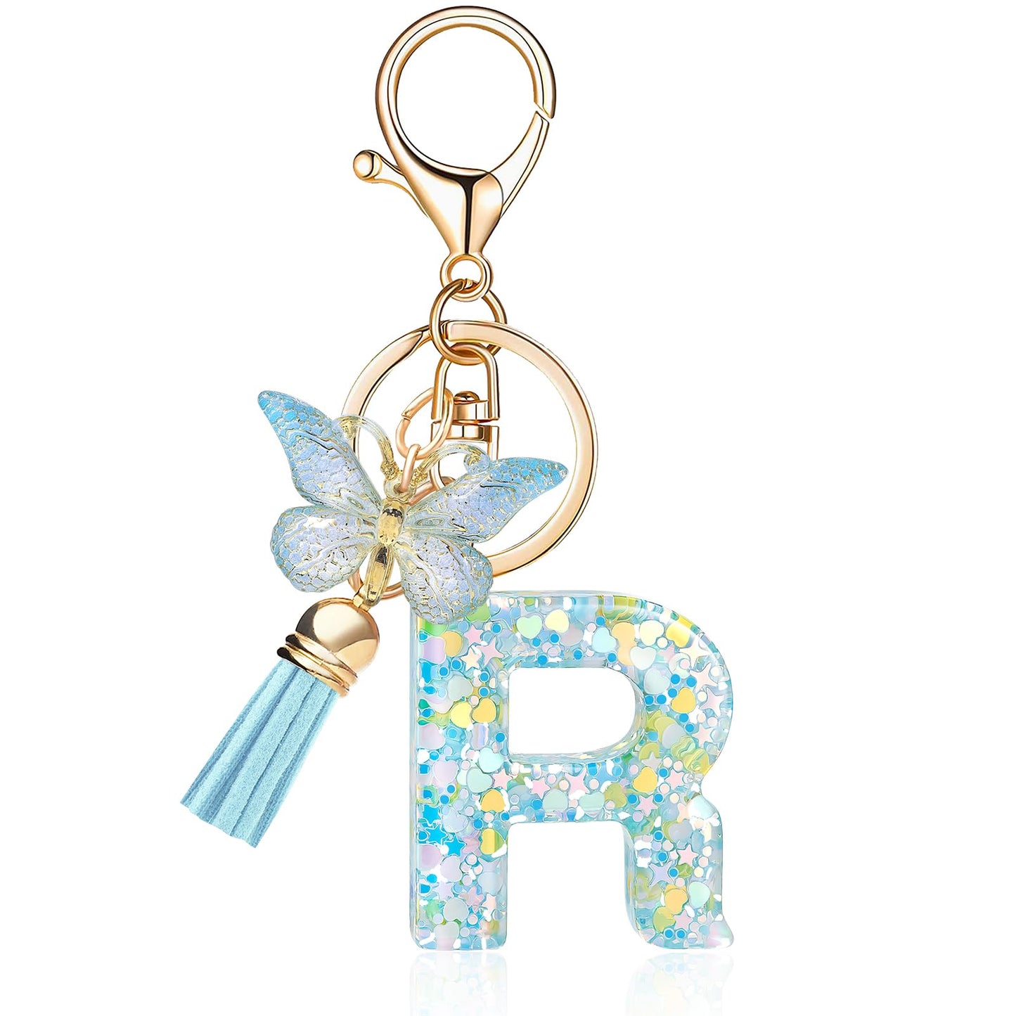 Fashion Alphabet Initial Letter Keychain Tassel Butterfly Pendant Key Ring for Purse Handbags Women Girl