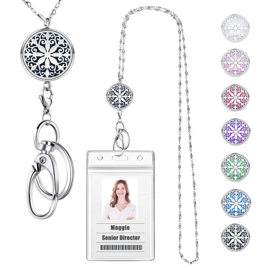 Lanyards for ID Badges Keys Women Cute Teacher Lanyard ID Holder Necklace Silver Chain Fashion Strong Keychain Diffuser Office School Work Jewelry Nurse Teacher Appreciation Gifts Mandala
