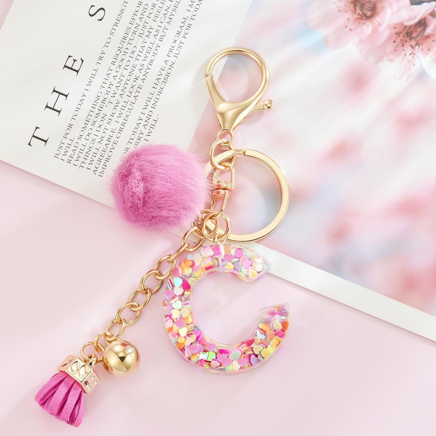 Resin Alphabet Initial Letter Keychain Keyring for Women Purse Handbags With Fur Ball Pom