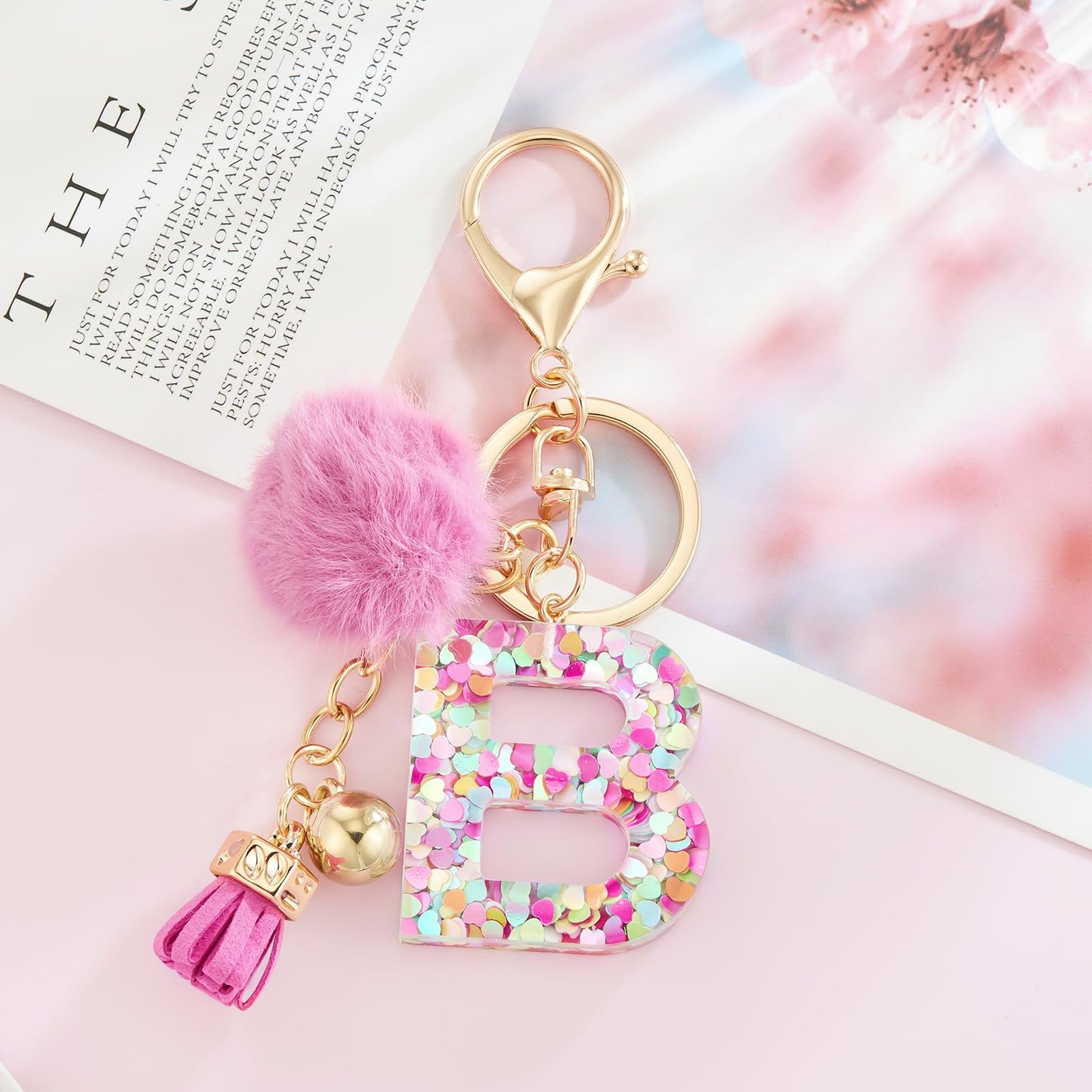 Resin Alphabet Initial Letter Keychain Keyring for Women Purse Handbags With Fur Ball Pom