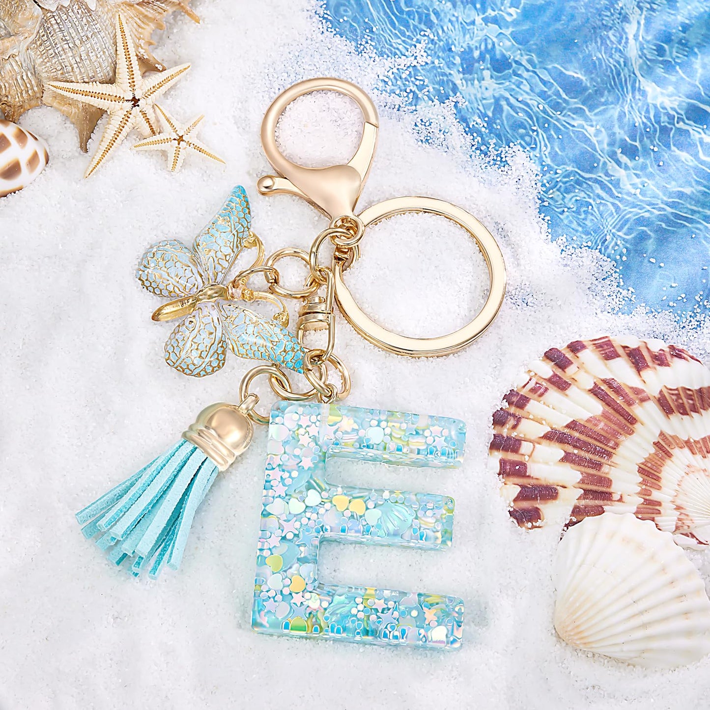 Fashion Alphabet Initial Letter Keychain Tassel Butterfly Pendant Key Ring for Purse Handbags Women Girl