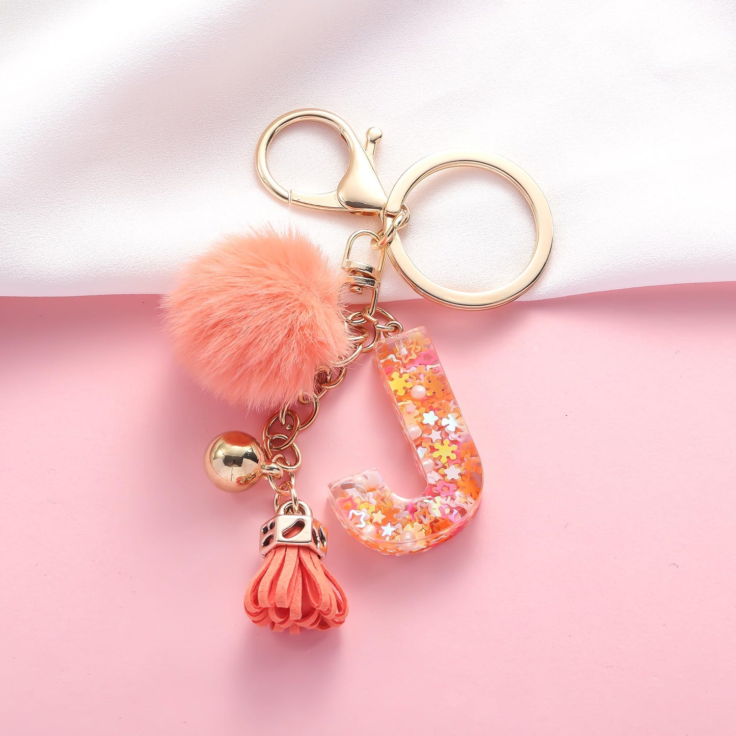 Resin Alphabet Initial Letter Keychain Keyring for Women Purse Handbags With Fur Ball Pom