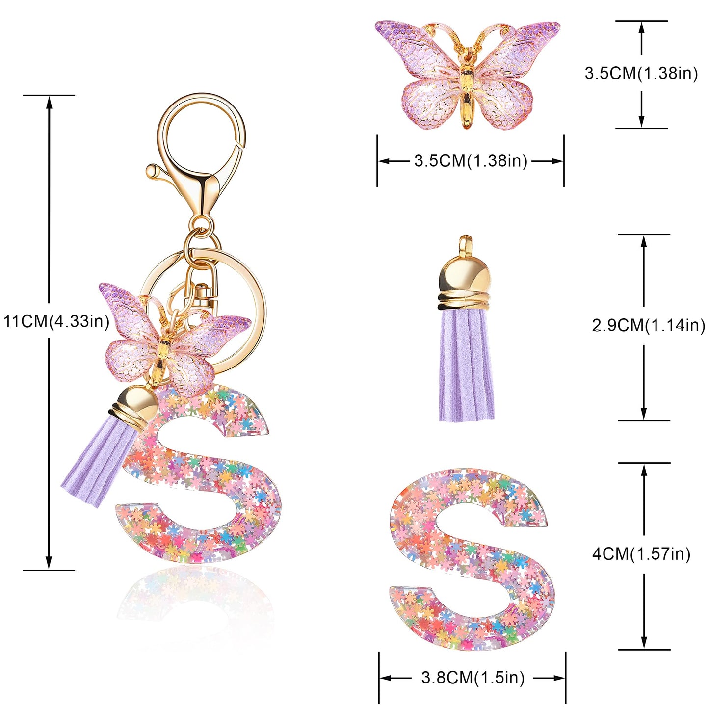 Fashion Alphabet Initial Letter Keychain Tassel Butterfly Pendant Key Ring for Purse Handbags Women Girl