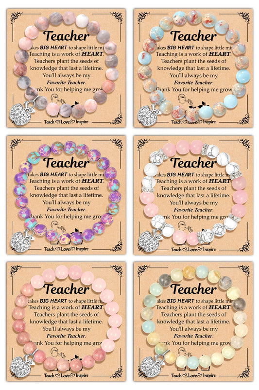 6Pcs Teacher Gifts for Women, Teacher Appreciation Gifts for Women in Bulk, Natural Stone Thank You Teacher Christmas Gifts Bracelet with Message Card, Valentines Day End of Year Gifts for Teachers